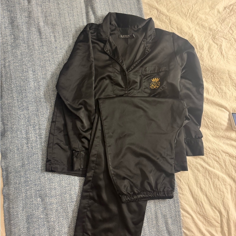 Ralph Lauren Black Satin Notched-Collar Pajamas Set - Picture 5 of 7